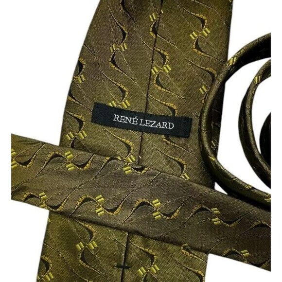 RENÉ LEZARD Men's 100% Silk Necktie LUXURY Tie Green Geometric W:3.5" EUC - Picture 2 of 5